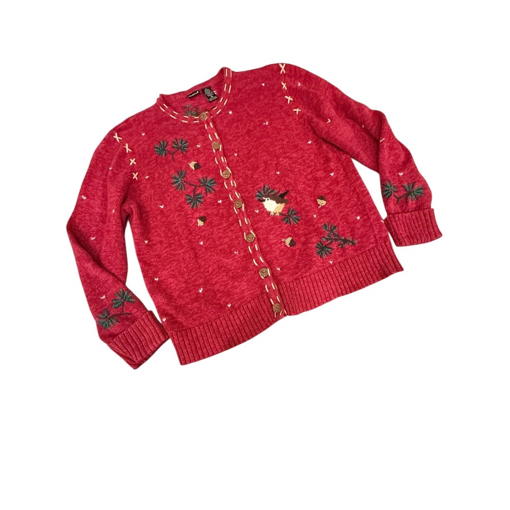 North Crest Red Embroidered Bird Acorn Cardigan Sweater Button XL granny core